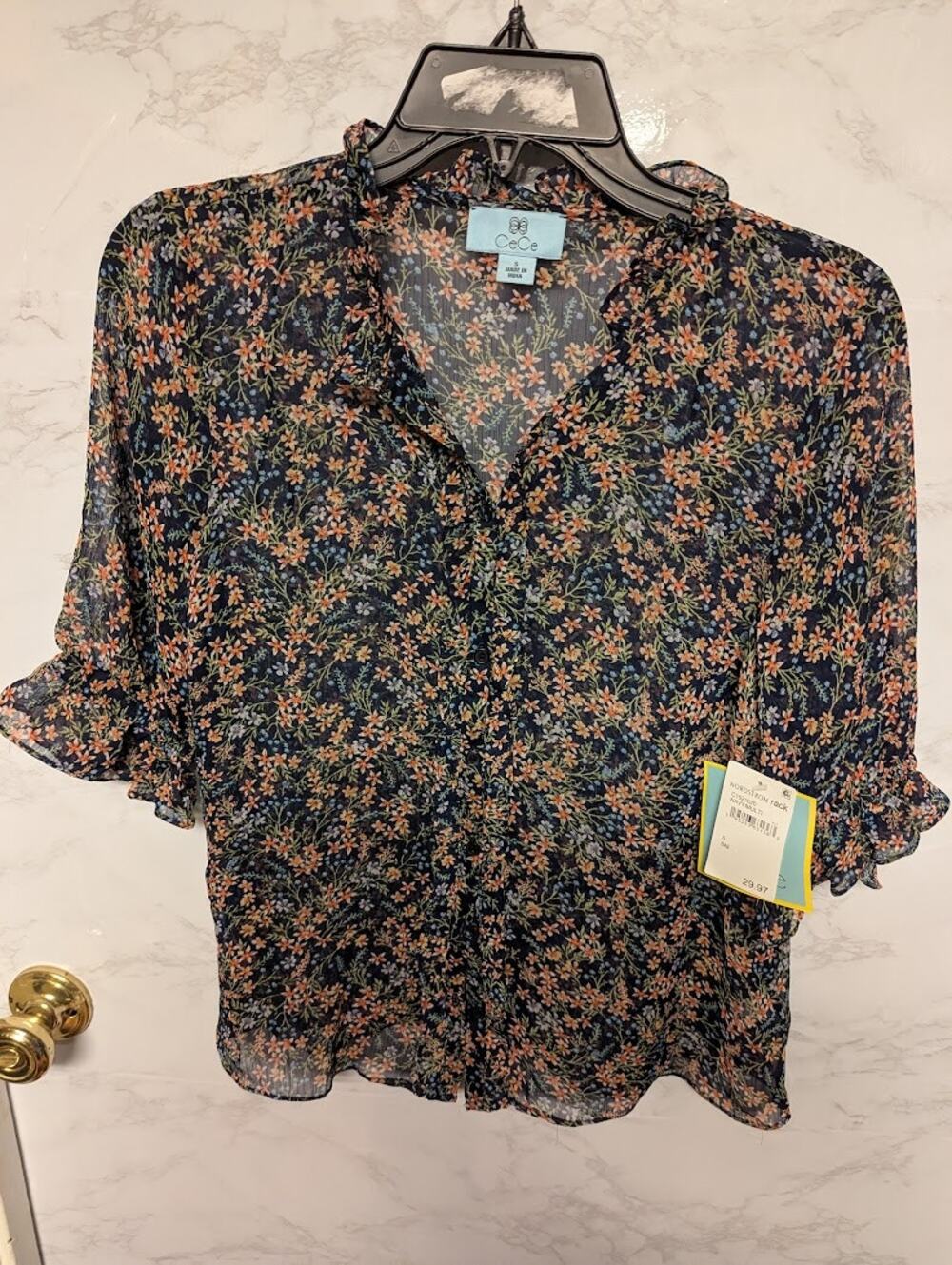 CECE womens sheer floral blouse top size small Navy Multi 3/4 sleeve Top Casual